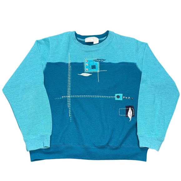 KORET K Wear Tops - Koret Knit Colorblock Sweatshirt‎ Teal Blue Patchwork Graphic Womens M